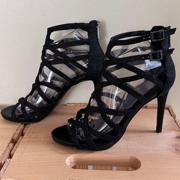VINCE CAMUTO Cage Black Sparkling Glitter Heels 7.5 Night Out Statement Stiletto - Picture 4 of 16